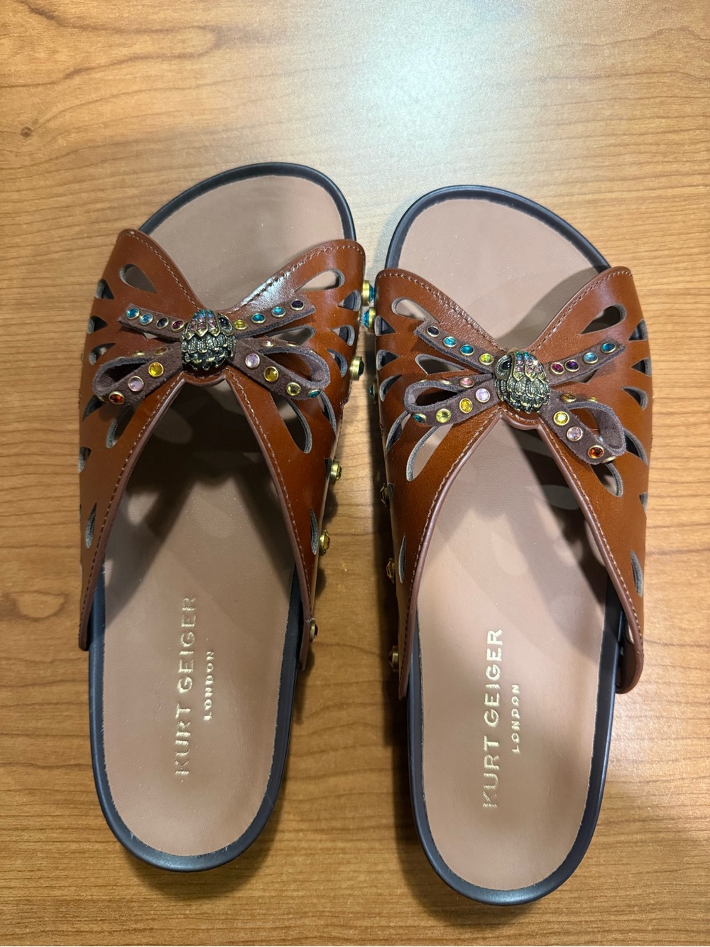 Kurt Geiger Tan Leather Slide Mules with Jeweled Bow